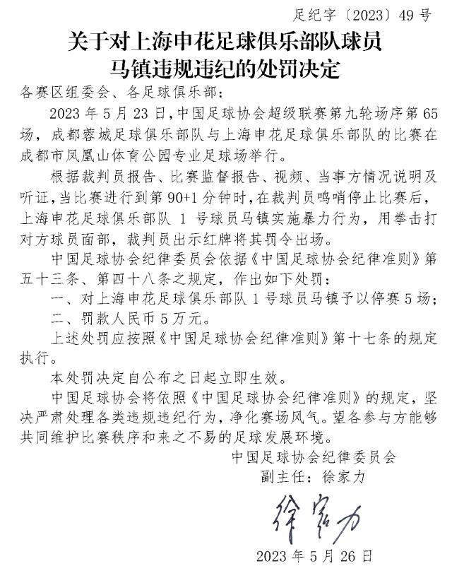 足协罚单：马镇停5场罚5万 罗德里格停4场罚4万
